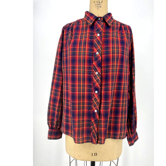Vintage 80s Azur Button Front Blouse Red Plaid Long Sleeve Collared EUR 44 - Picture 1 of 8